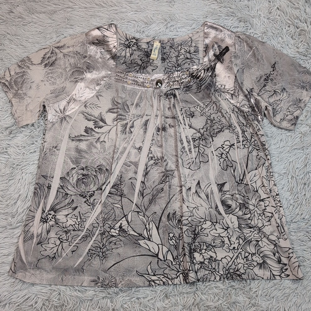 L.A. Blues Shirt Womens 22 24 Gray Floral Top Lightweight Studded Casual Comfy